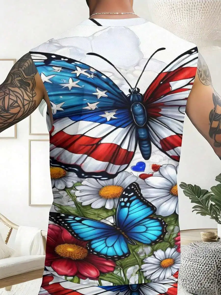 Casual Fashion 2026 European & American Spring Summer Autumn New Style Men's Tank Top And Beach Shorts Set Independence Day