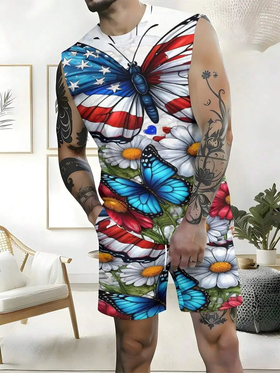 Casual Fashion 2026 European & American Spring Summer Autumn New Style Men's Tank Top And Beach Shorts Set Independence Day