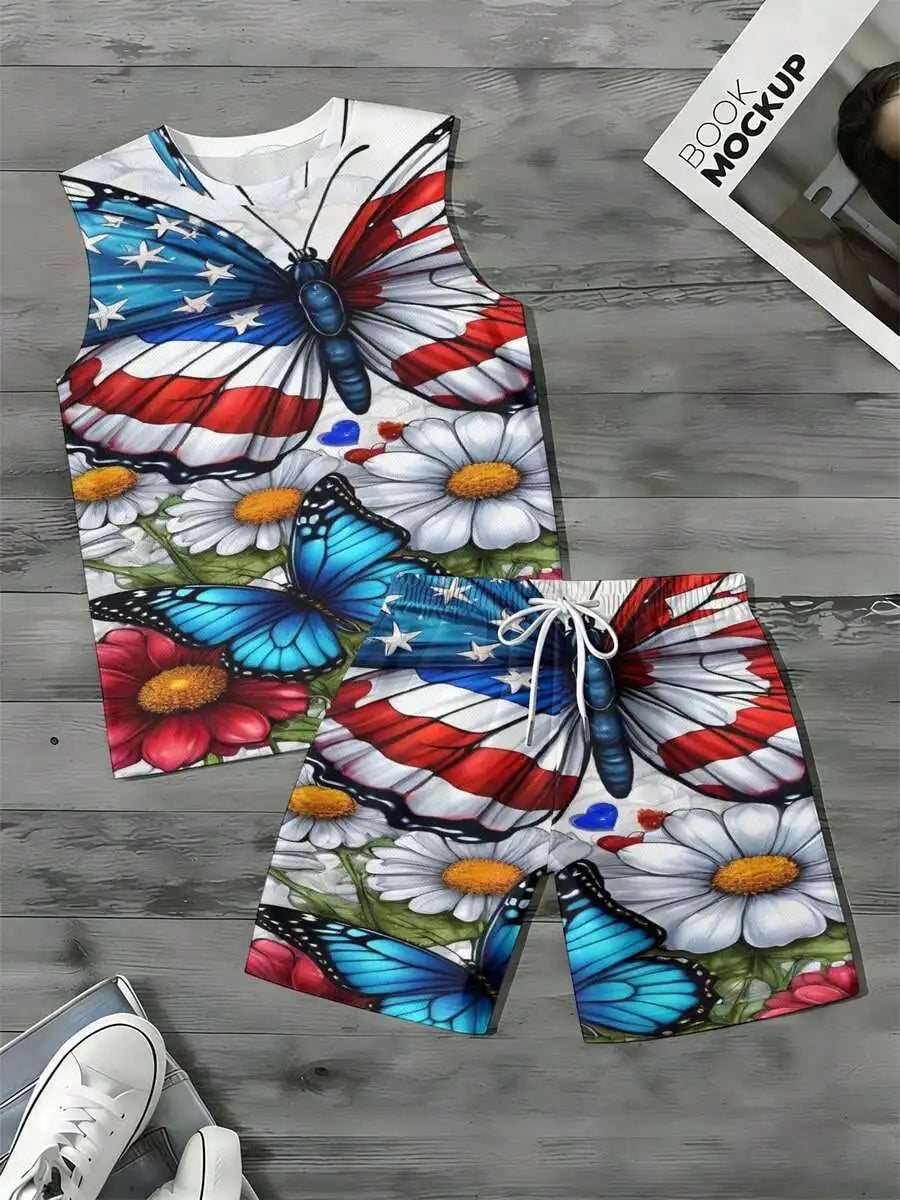 Casual Fashion 2026 European & American Spring Summer Autumn New Style Men's Tank Top And Beach Shorts Set Independence Day