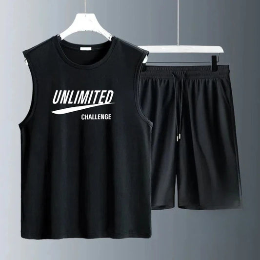 Men's Tank Top Sets 2026 Summer Quick drying sports oversize seaside running beach sweat suit crewneck training suit set men