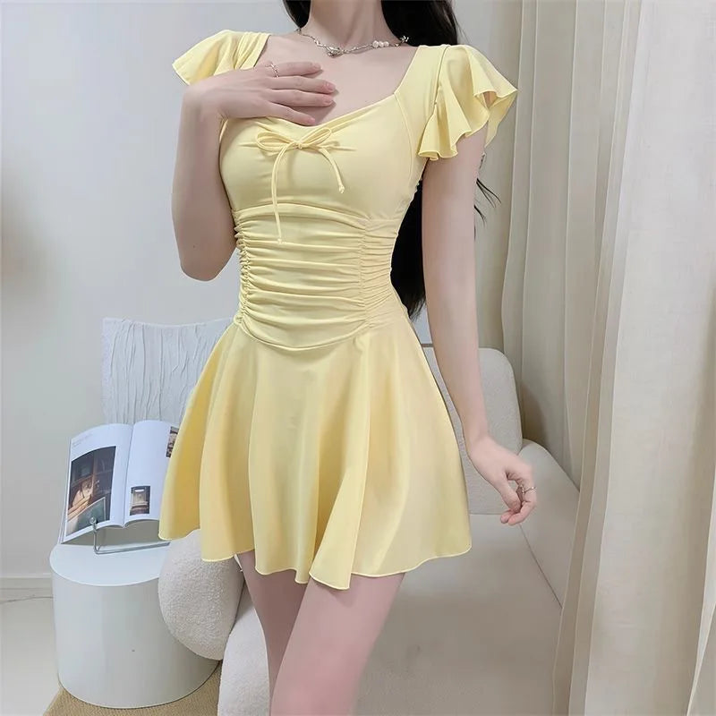 2026 New Women Skirted Swimdress Short Sleeve Tummy Control Swimsuit With Padding Slimming Hot Spring Bathing Suit