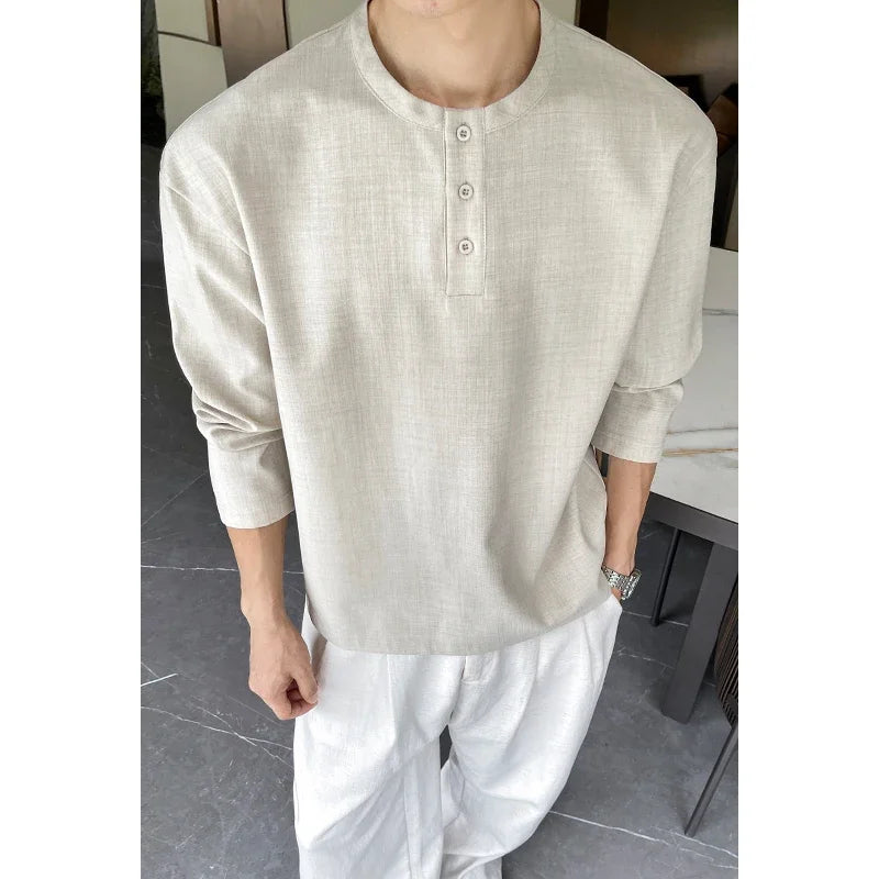Mens Casual Faux Linen Henley Tee Long Sleeve 3‑Button Placket Relaxed‑Fit Vacation‑Style Lightweight Shirts