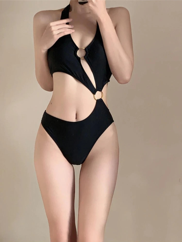 Women's Black Sexy High Waist One Piece Swimsuit Summer Luxury Beachwear Surfing Bodysuit