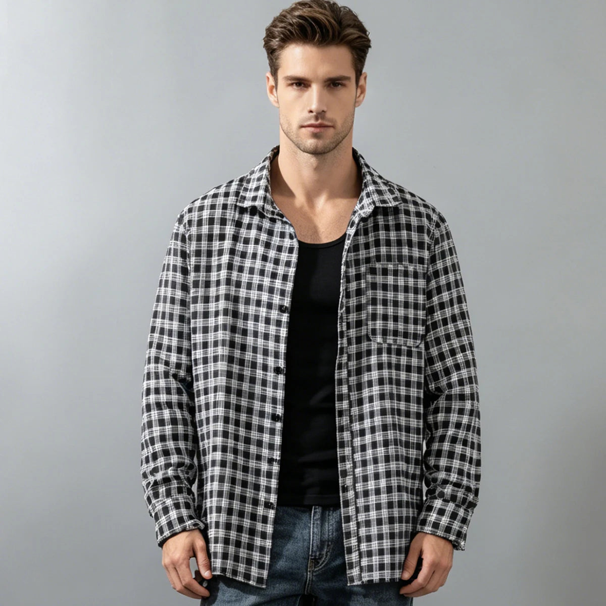 Spring and Autumn Men's Checkered Long Sleeve Top Button T-shirt Shirt Fashion Classic Shirt Youth Casual Comfortable Fashion