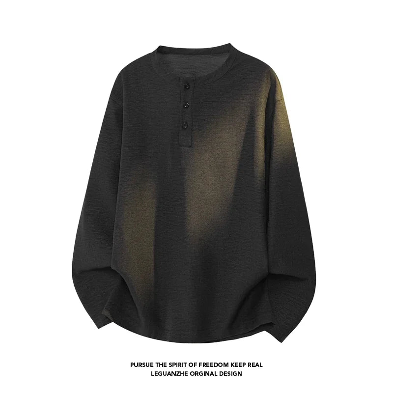 Mens Casual Faux Linen Henley Tee Long Sleeve 3‑Button Placket Relaxed‑Fit Vacation‑Style Lightweight Shirts