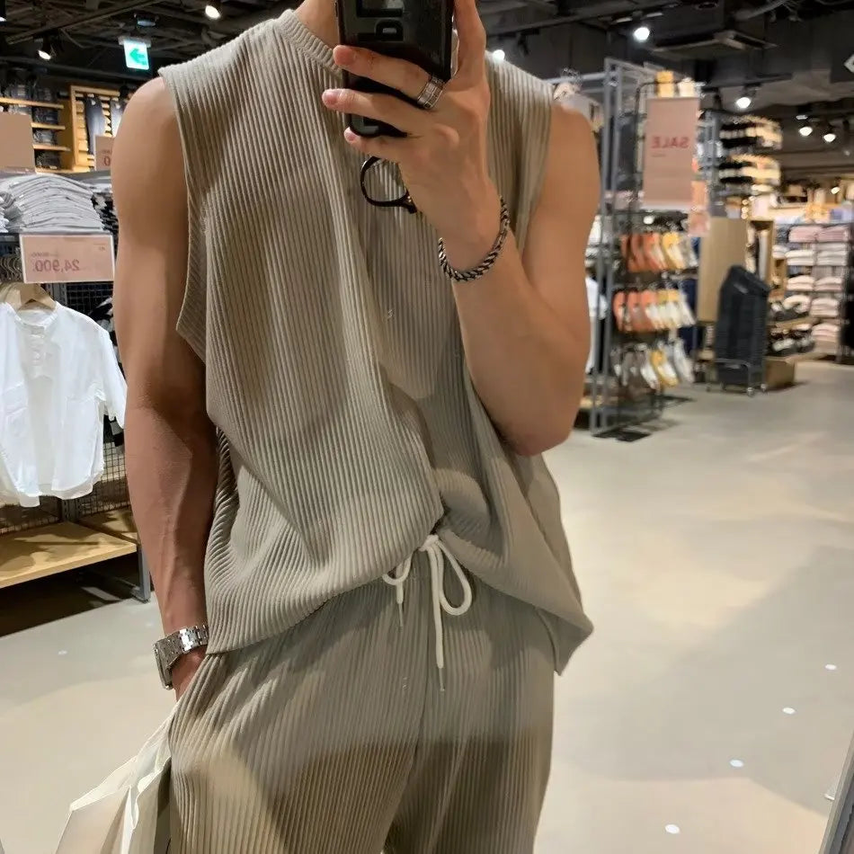 Summer Solid Color Vest Quick-drying Breathable Thin Threaded Ice Silk Top Sleeveless Suit Fitness Loose Men