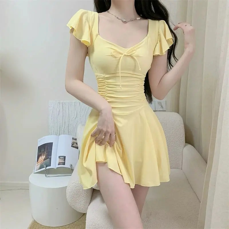 2026 New Women Skirted Swimdress Short Sleeve Tummy Control Swimsuit With Padding Slimming Hot Spring Bathing Suit