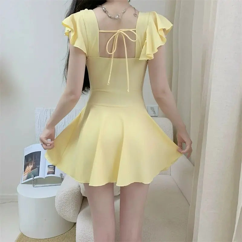 2026 New Women Skirted Swimdress Short Sleeve Tummy Control Swimsuit With Padding Slimming Hot Spring Bathing Suit
