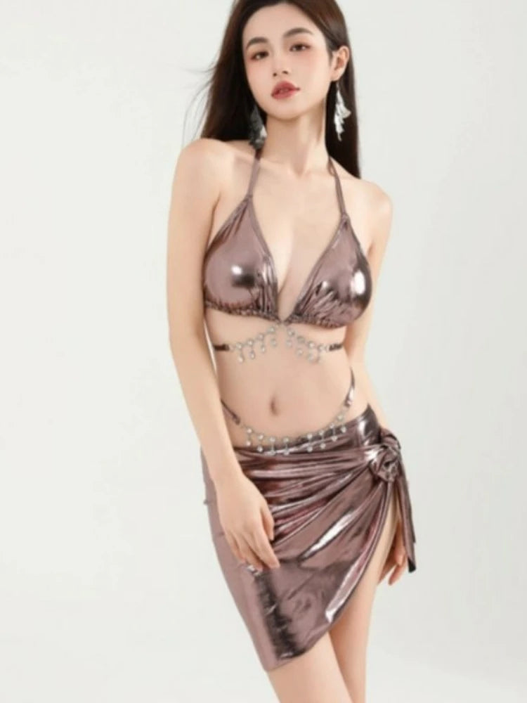 Women Sexy Tie Bikini Set Y2k Swimsuit Three Piece Beach Vacation Outfit Hollow Out Bathing Suit Summer Surf Wear