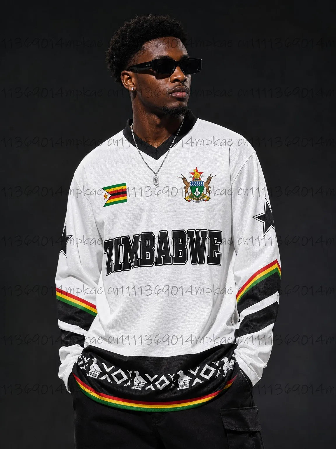 Autumn Zimbabwe Ethnic Street Style Printed Men's V-Neck Long Sleeve T-Shirt, Fashionable Loose Retro Sports Shirt, Men's Top