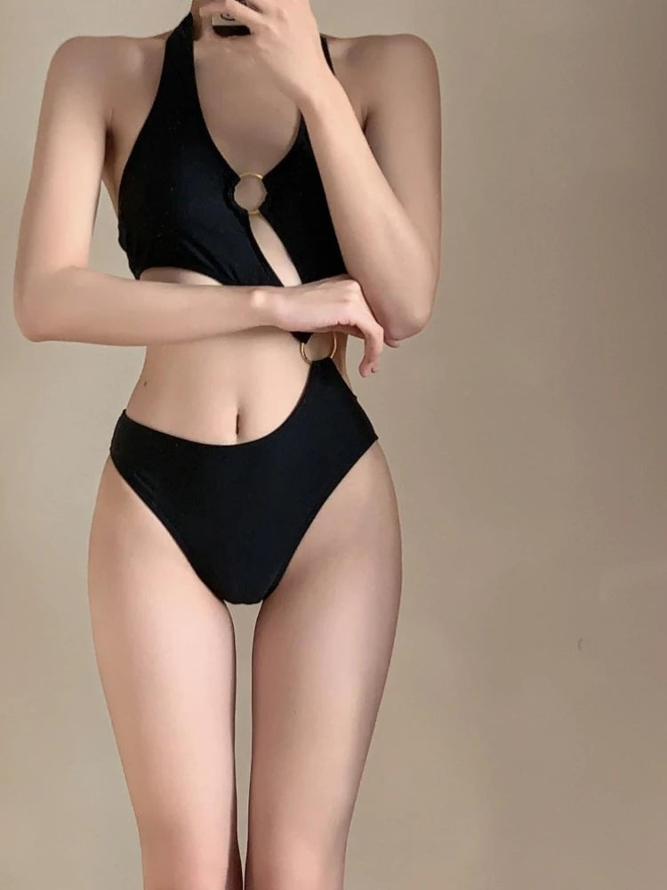 Women's Black Sexy High Waist One Piece Swimsuit Summer Luxury Beachwear Surfing Bodysuit