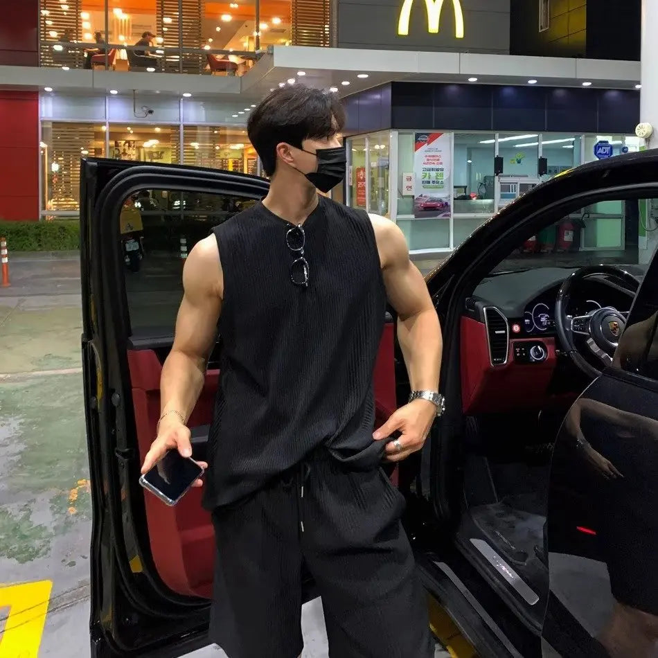 Summer Solid Color Vest Quick-drying Breathable Thin Threaded Ice Silk Top Sleeveless Suit Fitness Loose Men