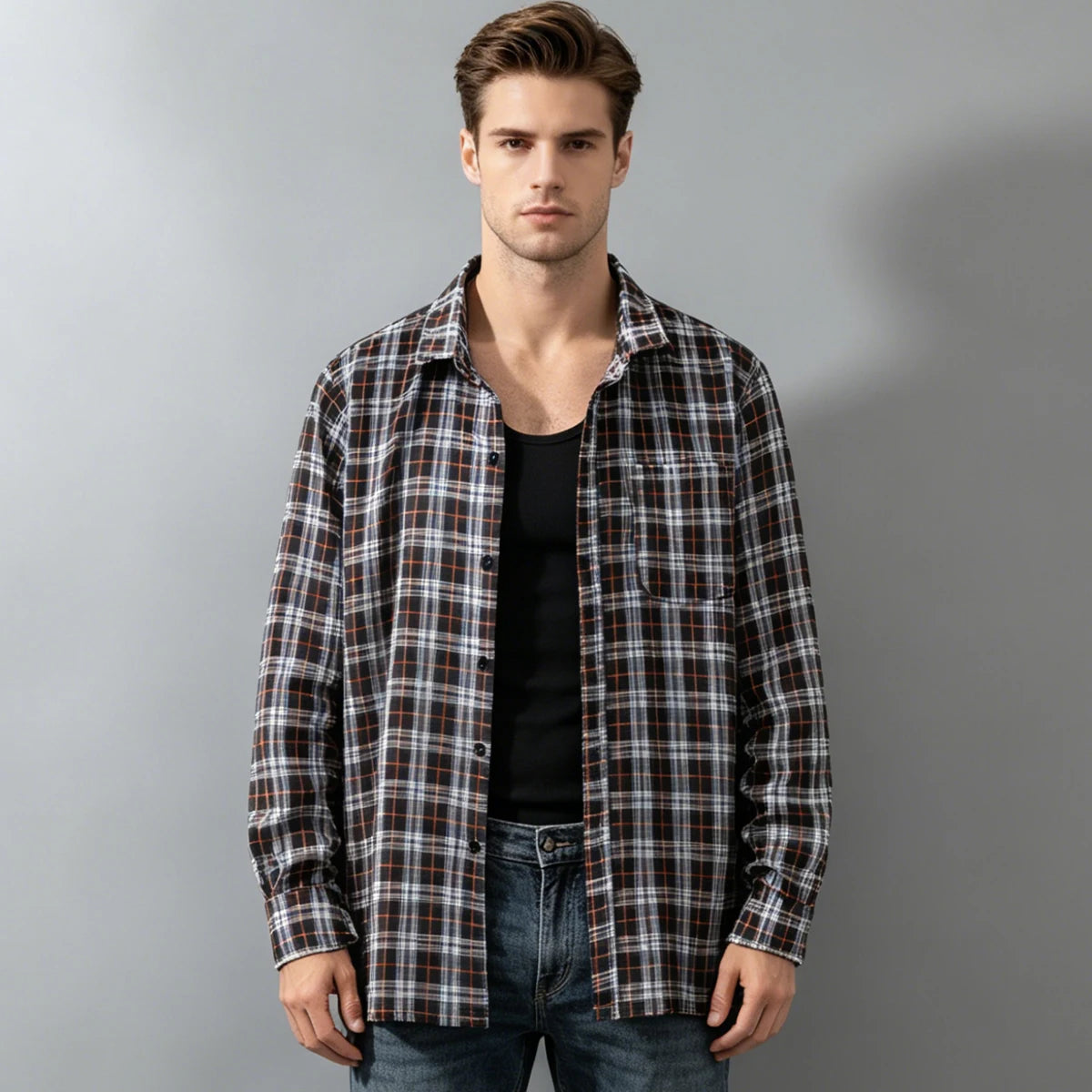 Spring and Autumn Men's Checkered Long Sleeve Top Button T-shirt Shirt Fashion Classic Shirt Youth Casual Comfortable Fashion
