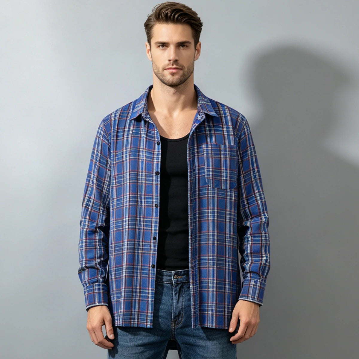 Spring and Autumn Men's Checkered Long Sleeve Top Button T-shirt Shirt Fashion Classic Shirt Youth Casual Comfortable Fashion