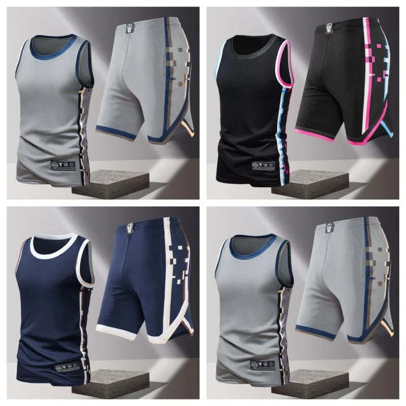 Summer Daily Outdoor Leisure Trend Versatile Sportswear Men Fashion Trend Sports Sleeveless Vest Five Quarter Shorts 2-piece Set