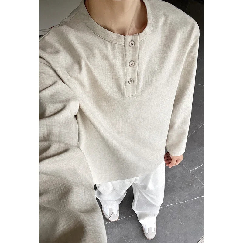 Mens Casual Faux Linen Henley Tee Long Sleeve 3‑Button Placket Relaxed‑Fit Vacation‑Style Lightweight Shirts