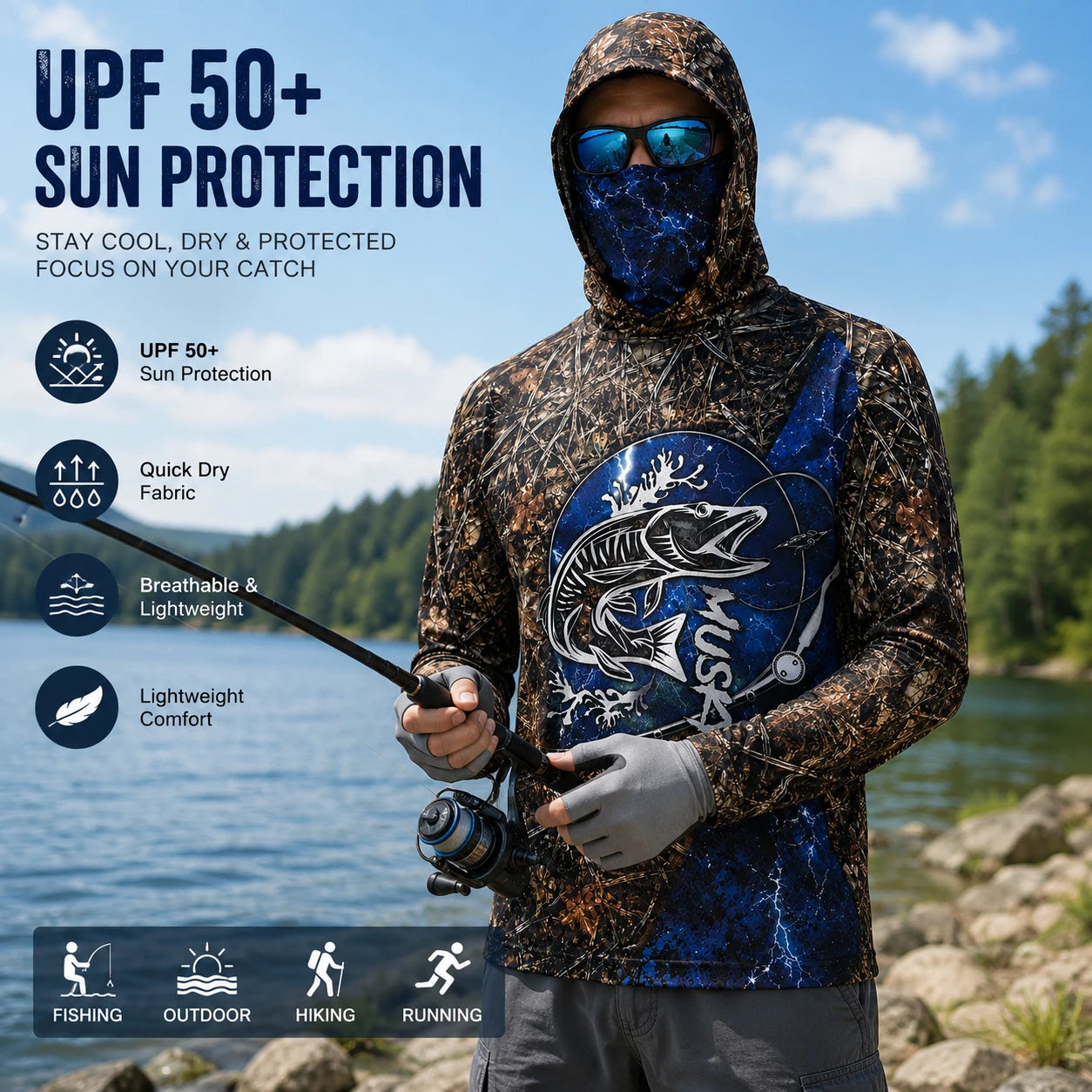 Camisa de Pesca con Capucha de Manga Larga para Hombre, Protección UV - Camiseta de Pesca Transpirable para Aventuras de Pesca
