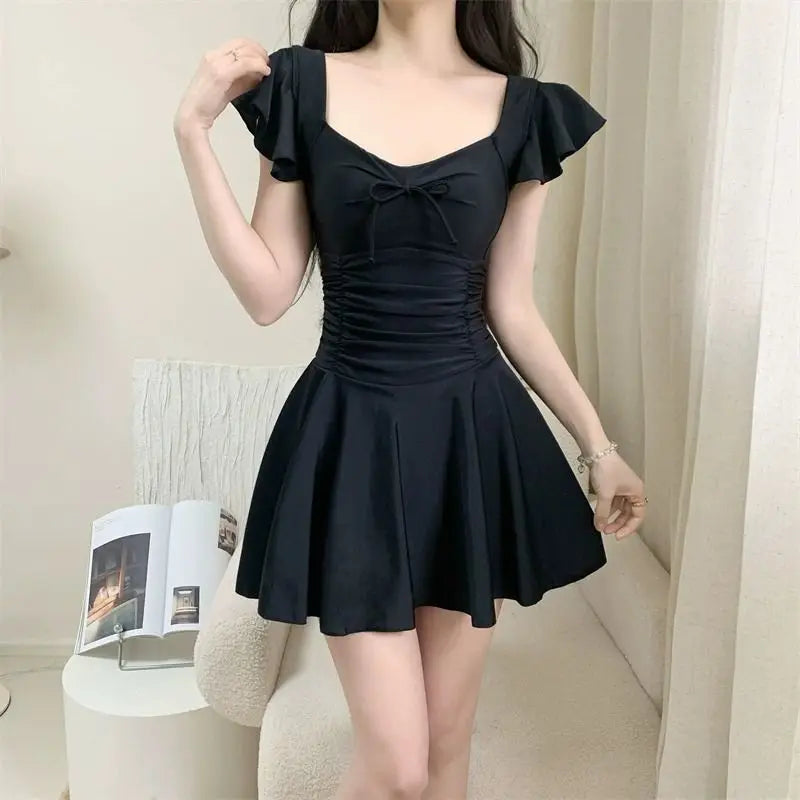 2026 New Women Skirted Swimdress Short Sleeve Tummy Control Swimsuit With Padding Slimming Hot Spring Bathing Suit
