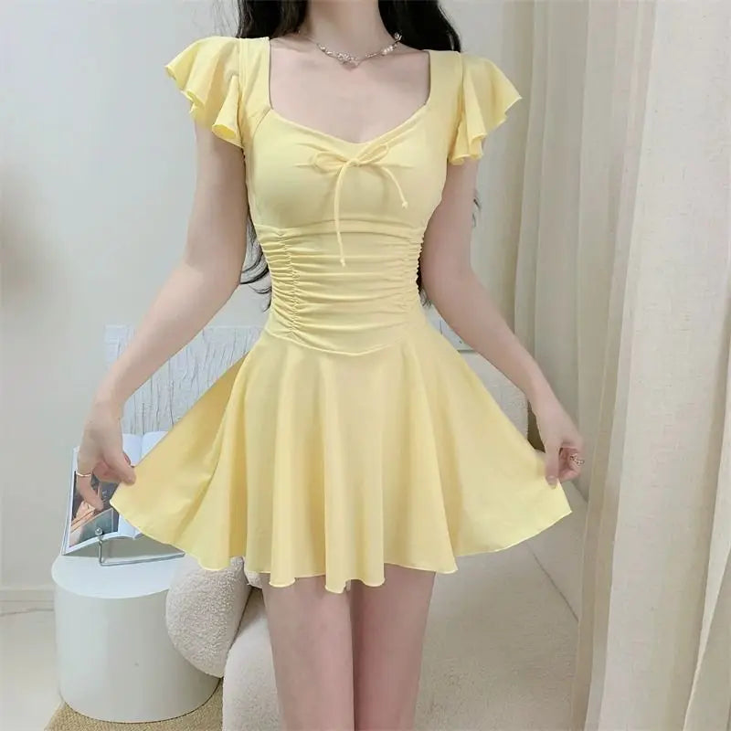2026 New Women Skirted Swimdress Short Sleeve Tummy Control Swimsuit With Padding Slimming Hot Spring Bathing Suit