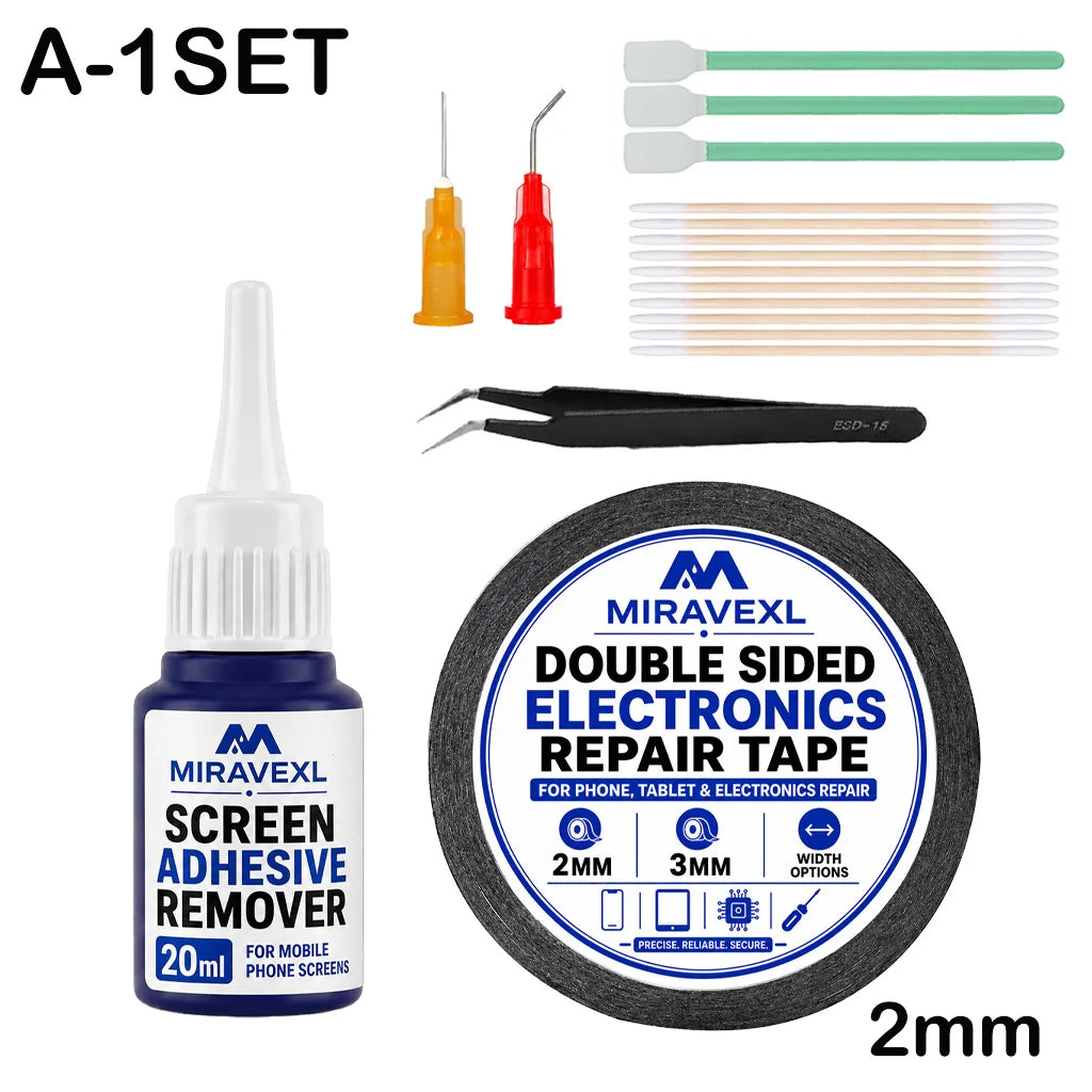 Screen Repair Tool Kit, 2mm 3mm Double Sided Tape, Adhesive Remover, ESD Tweezers, Cotton Swabs for Phone Tablet Laptop Repair