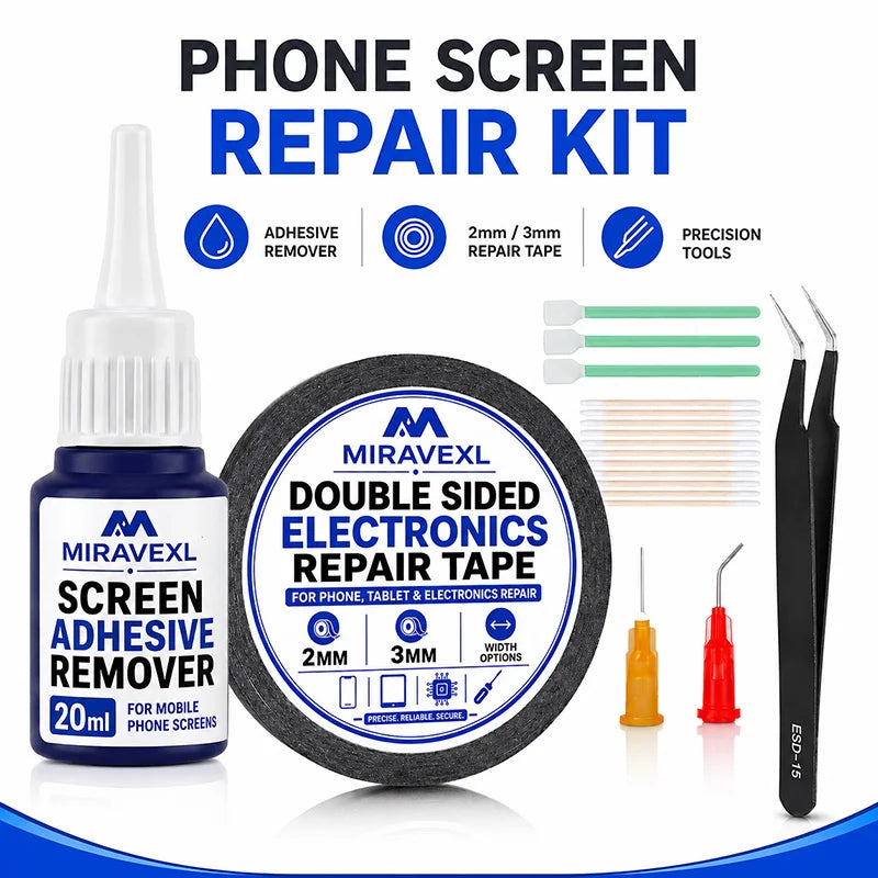 Screen Repair Tool Kit, 2mm 3mm Double Sided Tape, Adhesive Remover, ESD Tweezers, Cotton Swabs for Phone Tablet Laptop Repair
