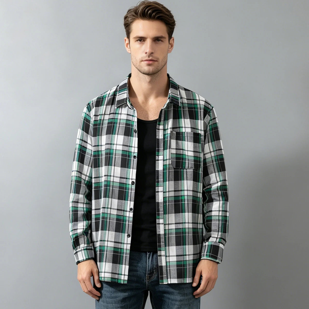 Spring and Autumn Men's Checkered Long Sleeve Top Button T-shirt Shirt Fashion Classic Shirt Youth Casual Comfortable Fashion