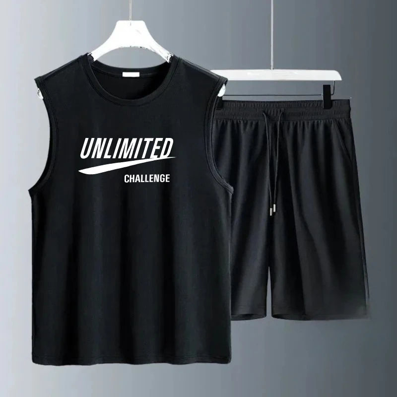 Men's Tank Top Sets 2026 Summer Quick drying sports oversize seaside running beach sweat suit crewneck training suit set men