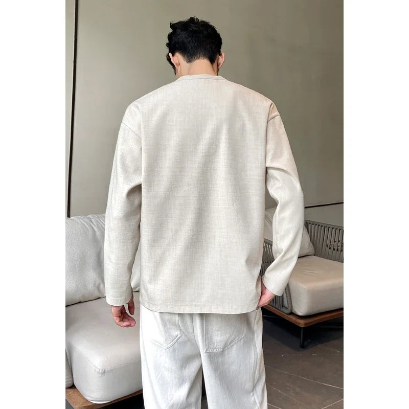 Mens Casual Faux Linen Henley Tee Long Sleeve 3‑Button Placket Relaxed‑Fit Vacation‑Style Lightweight Shirts