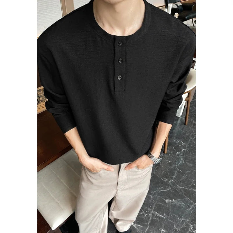 Mens Casual Faux Linen Henley Tee Long Sleeve 3‑Button Placket Relaxed‑Fit Vacation‑Style Lightweight Shirts