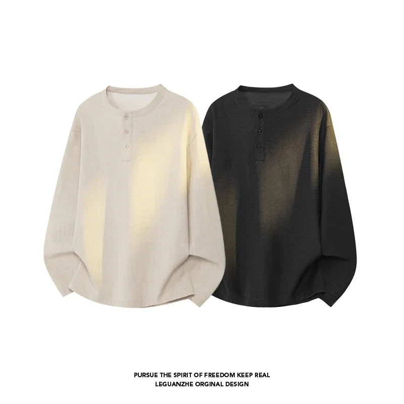 Mens Casual Faux Linen Henley Tee Long Sleeve 3‑Button Placket Relaxed‑Fit Vacation‑Style Lightweight Shirts