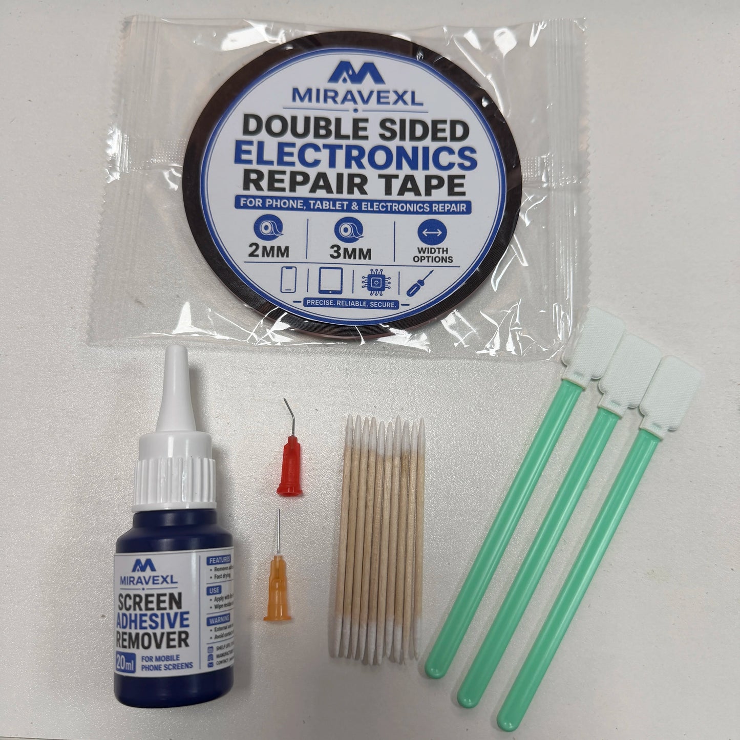 Screen Repair Tool Kit, 2mm 3mm Double Sided Tape, Adhesive Remover, ESD Tweezers, Cotton Swabs for Phone Tablet Laptop Repair
