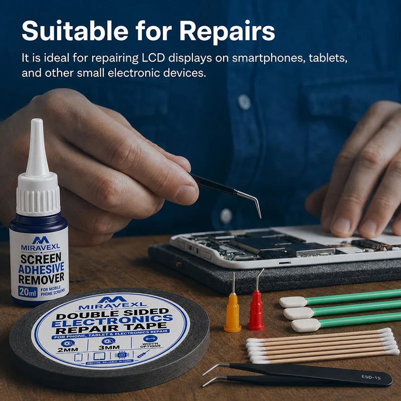 Screen Repair Tool Kit, 2mm 3mm Double Sided Tape, Adhesive Remover, ESD Tweezers, Cotton Swabs for Phone Tablet Laptop Repair