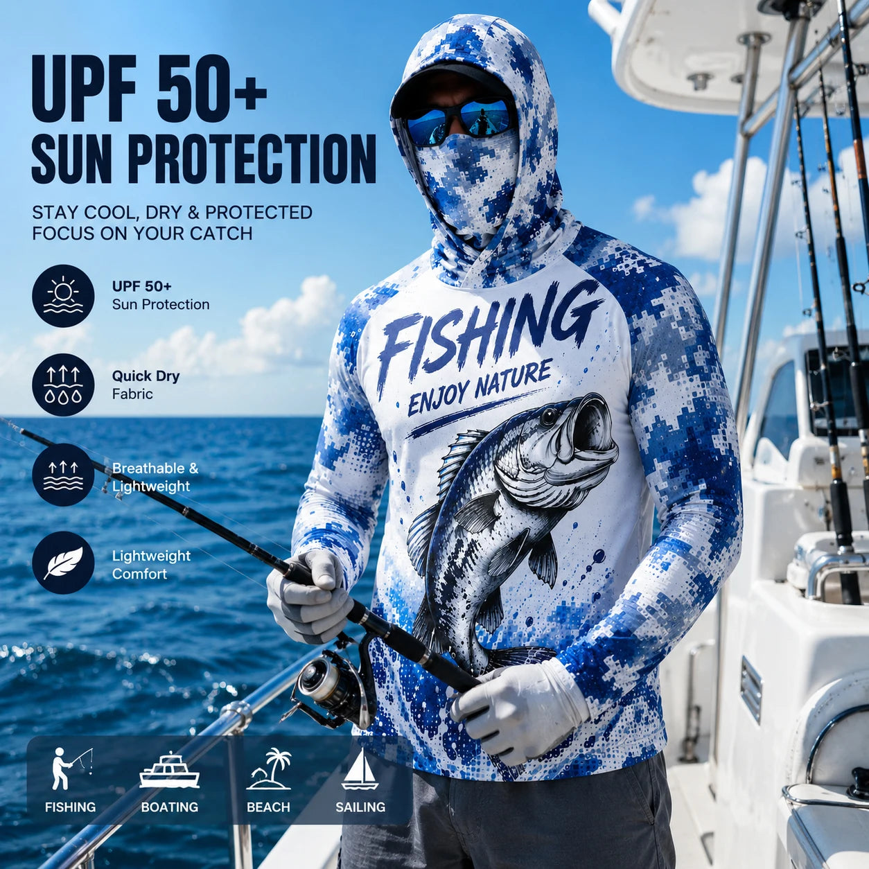 Camisa de Pesca con Capucha de Manga Larga para Hombre, Protección UV - Camiseta de Pesca Transpirable para Aventuras de Pesca