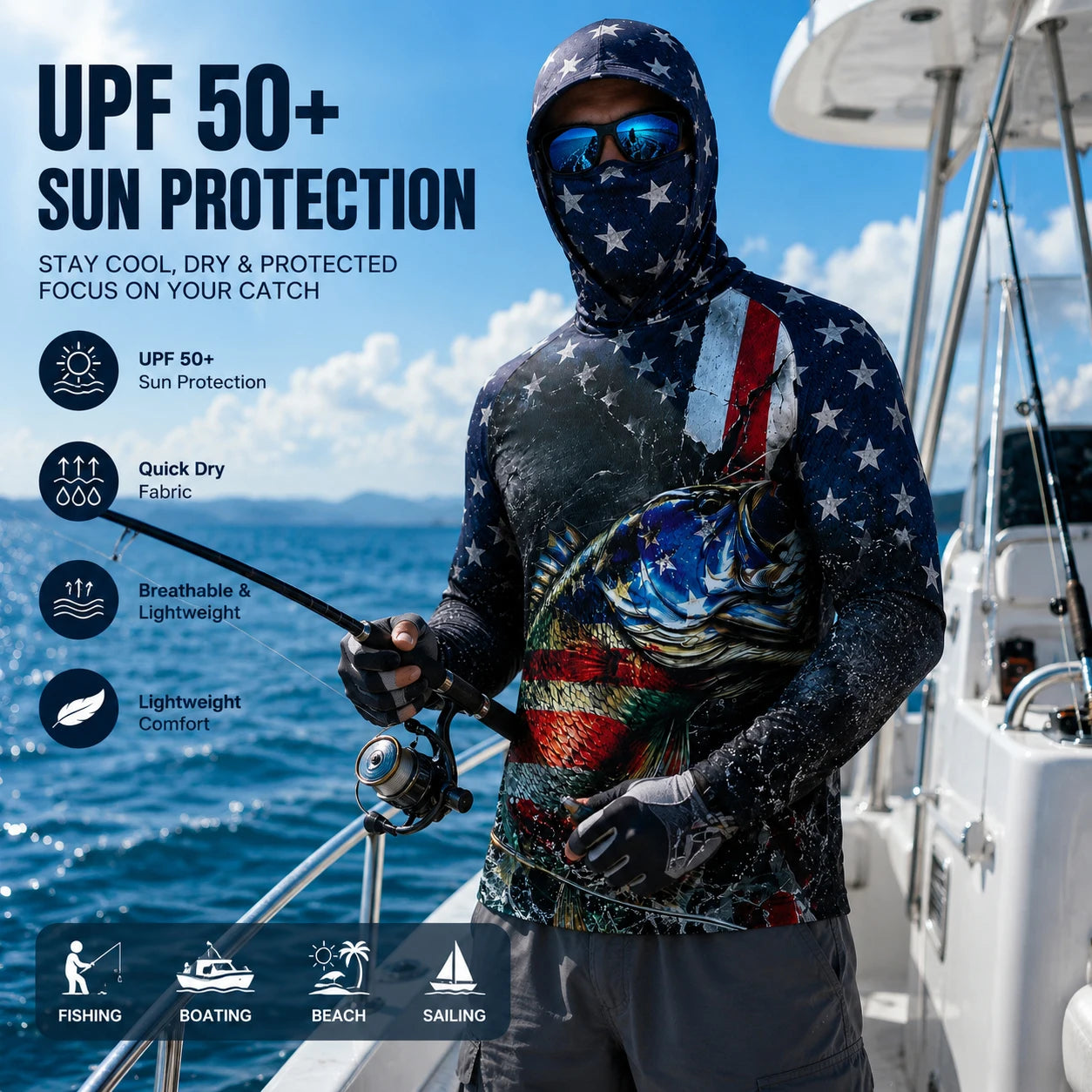 Camisa de Pesca con Capucha de Manga Larga para Hombre, Protección UV - Camiseta de Pesca Transpirable para Aventuras de Pesca