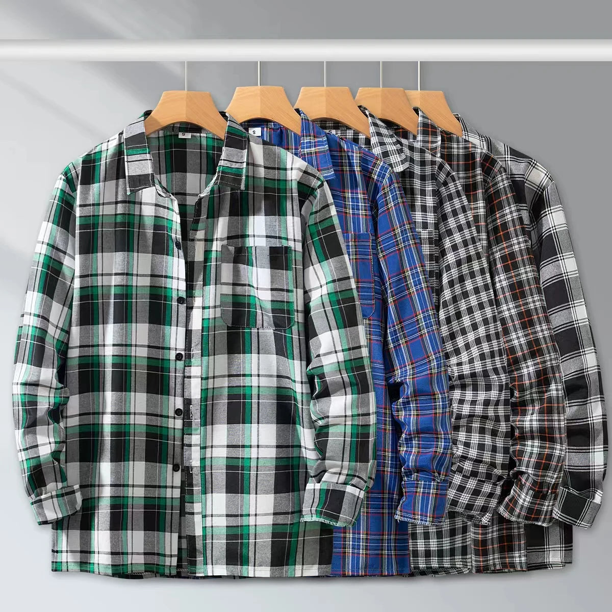 Spring and Autumn Men's Checkered Long Sleeve Top Button T-shirt Shirt Fashion Classic Shirt Youth Casual Comfortable Fashion