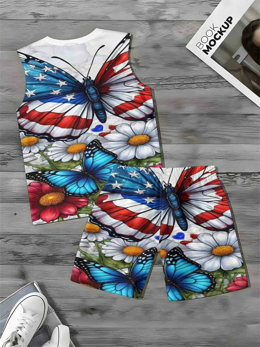 Casual Fashion 2026 European & American Spring Summer Autumn New Style Men's Tank Top And Beach Shorts Set Independence Day