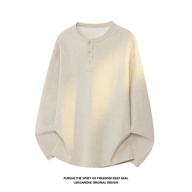 Mens Casual Faux Linen Henley Tee Long Sleeve 3‑Button Placket Relaxed‑Fit Vacation‑Style Lightweight Shirts