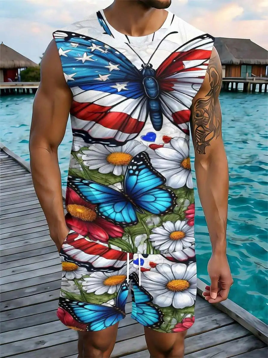 Casual Fashion 2026 European & American Spring Summer Autumn New Style Men's Tank Top And Beach Shorts Set Independence Day