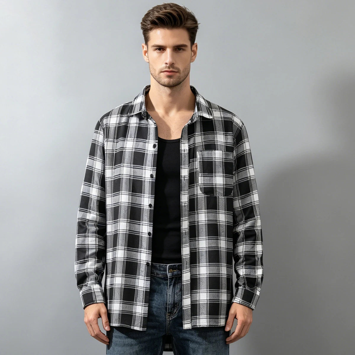 Spring and Autumn Men's Checkered Long Sleeve Top Button T-shirt Shirt Fashion Classic Shirt Youth Casual Comfortable Fashion