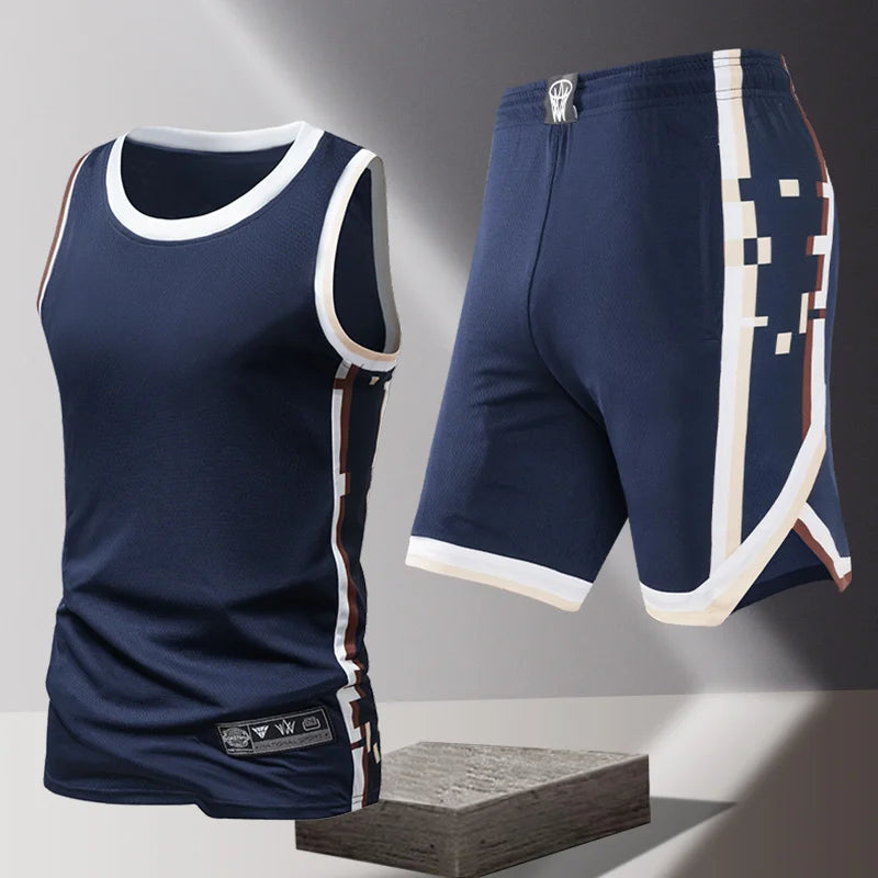 Summer Daily Outdoor Leisure Trend Versatile Sportswear Men Fashion Trend Sports Sleeveless Vest Five Quarter Shorts 2-piece Set